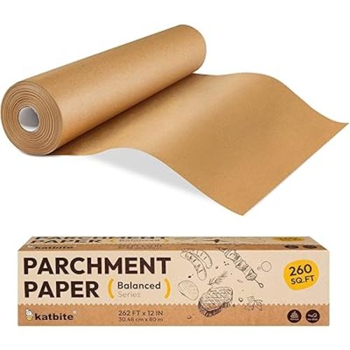 Katbite 12in x 262ft Unbleached Parchment Paper Roll, 260 Sq.Ft, Balanced Series, Non-Stick, Extra Long Parchment Baking Paper with Portable Serrated Cutter for Baking, Cooking [Balanced Series]