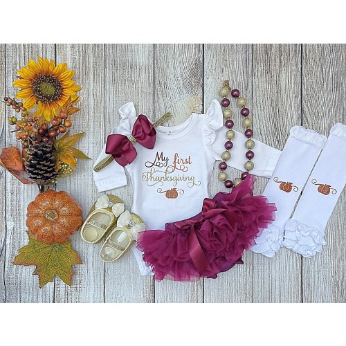 Baby Girl My First Thanksgiving Outfit - Thankful - My 1st Thanksgiving - Tutu and Bow