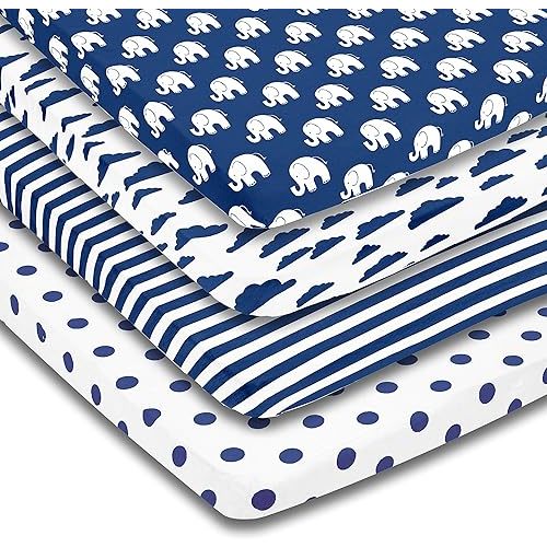 Pack n Play Sheets – Paquete de 4 sábanas de primera calidad – 100% algodón de punto de jersey súper suave, colchón portátil para cuna, corralito de juegos, mini sábana bajera para cuna para niño (24