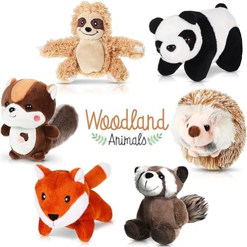 Threan 6 Pcs Woodland Stuffed Animal 4 Inch Small Plush Toy Jungle Forest Safari Stuffed Animals Set, Panda, Raccoon, Sloth, Big Tail Squirrel, Fox, Hedgehog for Kids Student Award