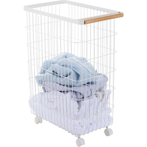 Yamazaki Home Wire Slim Saving Rolling Wheeled Clothing Hamper | Steel + Wood | Laundry Basket, One Size, White