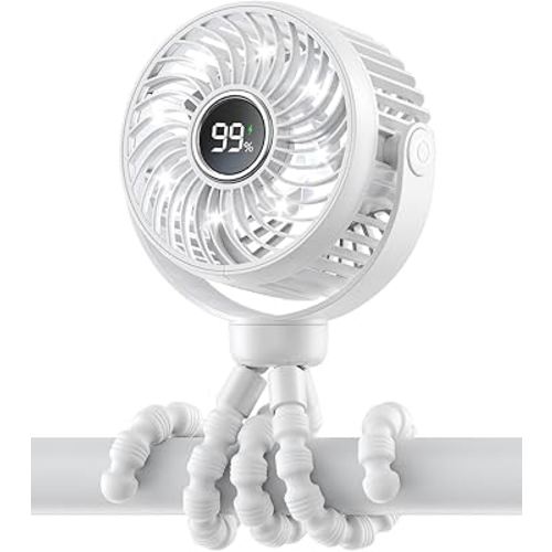 Mini Portable Stroller Fan for Travel,360° Rotation,4-Speed LED Night Light Clip on Fans Operated by Rechargeable Battery, Cordless Fan with Tripod Car Seat Baby Pram (White)