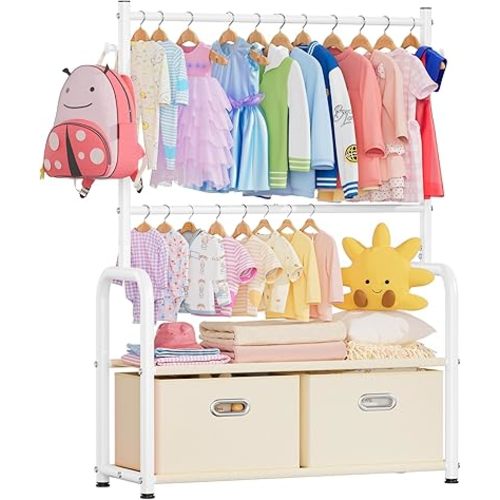 Kids Clothes Rack with 2 Tier Storage Racks and 2 Adjustable Hanging Poles, Small Baby Closet Organizer for Hanging Clothes, Kids Dress-Up Rack (Upgrad, White)
