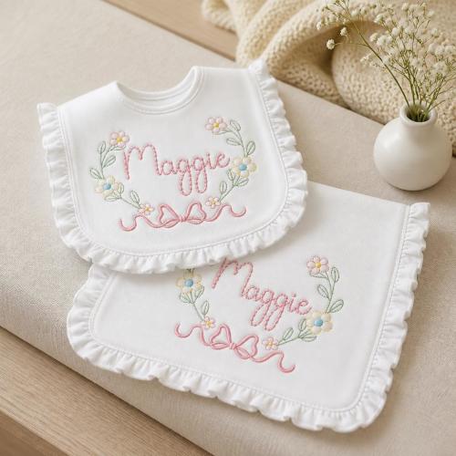 Personalized Floral Embroidered Baby Bib | Ruffle Trim Keepsake