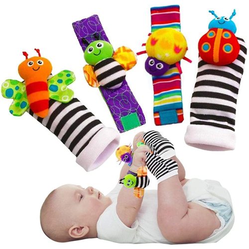 Cute Animal Soft Baby Socks Toys Wrist Rattles and Foot Finders for Fun Butterflies and Lady bugs Set 4 pcs
