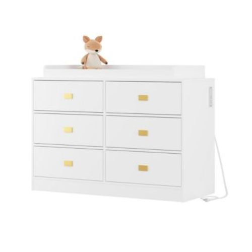 Dresser for Bedroom with 6 Drawers, Changing Table Dresser with Changing Table Top, Nursery Dresser Diaper Changing Station for Baby with Power Outlets, Changing Pad & Removable Top