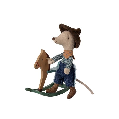 cowboy mouse on rocking horse, little brother