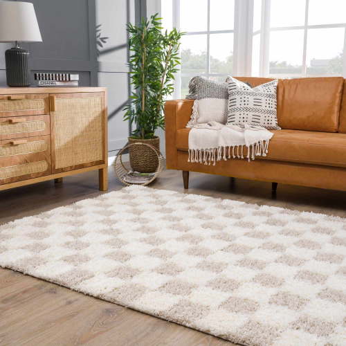 Hauteloom Atira Checkered Shag Area Rug - Checkboard Design - High Pile Fluffy Shaggy Touch - Square Tiles - Kids Room, Nursery, Living Room Shaggy Carpet - Beige, Cream, White - 5'3" x 7'3"