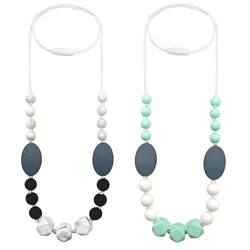 Teething Necklace for Mom to Wear, 2 Pack Silicone Nursing Necklaces Chew Necklaces for Sensory Kids, Teether Necklace for Boys, Girls, Toddler to Reduces Anxiety