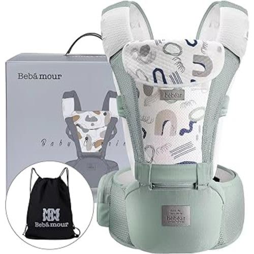 Bebamour Baby Carrier Front and Back Carry Baby to Toddler Baby Hip Carrier with Head Hood & 3 Pieces Teething Pads (Green)