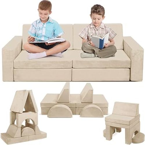 Modular Kids Play Couch, 10PCS Child Sectional Sofa Imaginative Furniture Play Set for Creative Kids, Toddler to Teen Bedroom Furniture, Girls and Boys Playroom Convertible Sofa, Beige