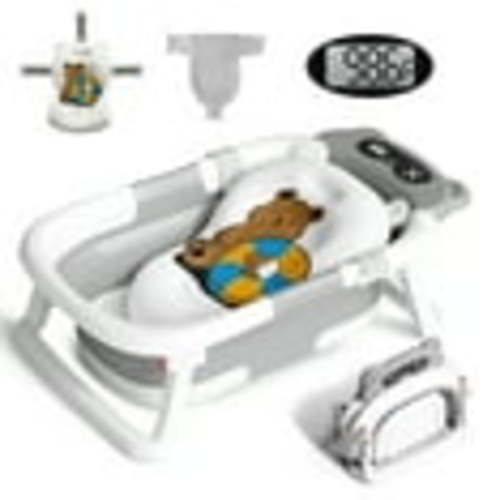 Baby Bathtub, Collapsible Newborn Bathtub for Infant to Toddler 0-36 Months with Soft Cushion+Baby Tub Sling and Thermometer, Portable Travel Bathtub, Foldable Infant Bathtub with No-Slip Feet, Grey