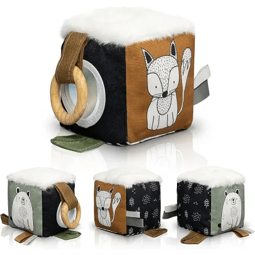 ZICOTO Soft Toy Block with Wooden Ring for Babies 0-3 and 0-6 Months - The Perfect High Contrast Activity Cube & Teething Toy with Tummy Time Mirror for Newborns - A Fun Sensory & Development Gift