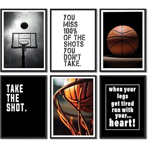 6Pcs Basketball Canvas Wall Art Inspirational Sport Theme Painting Picture Wall Decor Black White Basketball Motivational Quotes Poster Print Artwork for Teen Boys Kids Room Decor (poster, 12x16in)