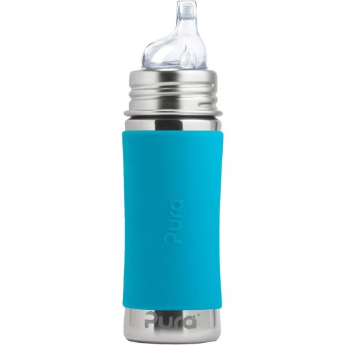 Pura Kiki 11oz/325ml Stainless Steel Sippy Cup Bottle w/Sleeve, Plastic-Free, MadeSafe Certified, Medical-Grade XL Silicone Sipper Spout Fast Flow Rate for Kids, Toddlers, Babies & Infant - Aqua