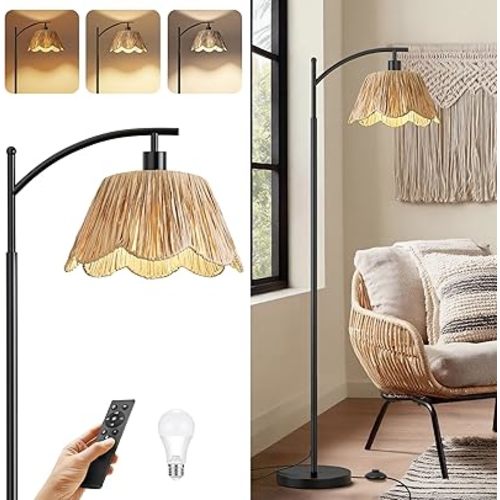 Oneach Arc Floor Lamp for Living Room with 3 Color Temperatures, Rattan Boho Floor Lamp with Hand-Woven Wicker Shade,Farmhouse Floor Lamps with Remote & Dimmable Bulb, Suitable for Bedroom(Black)