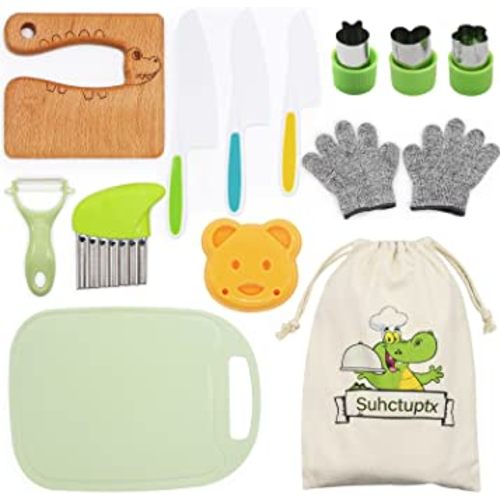Suhctuptx 14 Pieces Wooden Kids Kitchen Knife Set with Gloves Cutting Board Fruit Vegetable Crinkle Cutters Serrated Edges Plastic Toddler Knifes for Real Cooking Kid Safe Knives - Crocodile