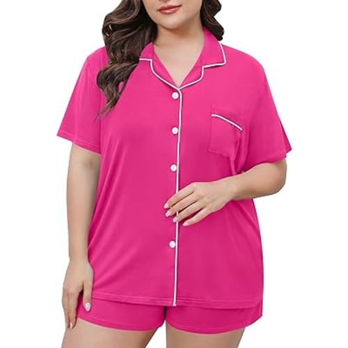 SWOMOG Women's Plus Size Pajamas Set Button Down Tops Short Sleeve Sleepwear Soft Pajama Shorts 2 Pcs Lounge Sets With Pocket
