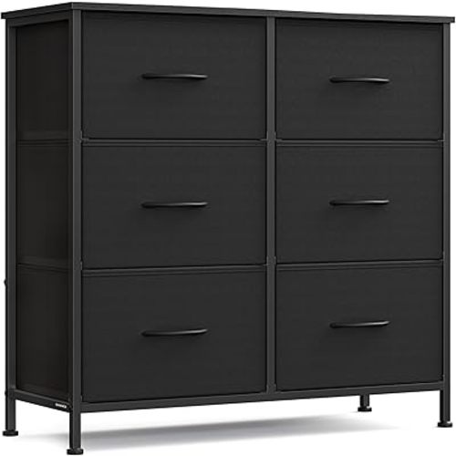 SONGMICS Dresser for Bedroom, Chest of Drawers, TV Stand, Steel, MDF, 6 Non-Woven Fabric Drawers, Storage Organizer Unit, Closet, Entryway, Ink Black and Ebony Black ULGS123B01S
