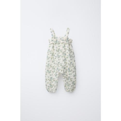 LONG TEXTURED FLORAL OVERALLS - Ecru / Blue | ZARA United States