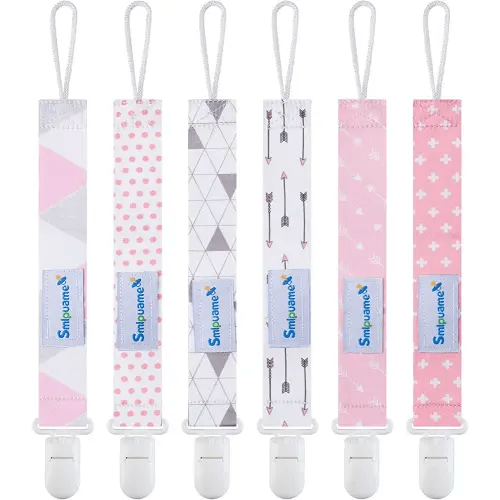 Smlpuame Pacifier Clip Girl,6 Pack Stylish Binky Clips Strap for Baby Girls,Paci Holder with Clip Lightweight Universal Fits Most Pacifiers Teether Toy Teething Ring Soothie,Baby Gifts(Pink & Grey)