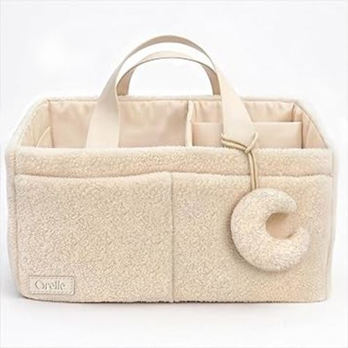 Orelle Bouclé Diaper Caddy Organizer with Matching Pouch & Moon Pendant | Teddy Portable Changing Table Organizer | Must-Have Baby Shower Gifts | Cream