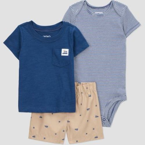 Carter's Just One You® Baby Boys' 3pc Whale Bodysuit Set - Navy Blue/Khaki 6M: Cotton Jersey Shorts