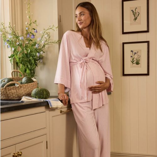 LAKE | DreamModal Pajamas | Carnation Pencil Stripe Maternity Kimono Bundle