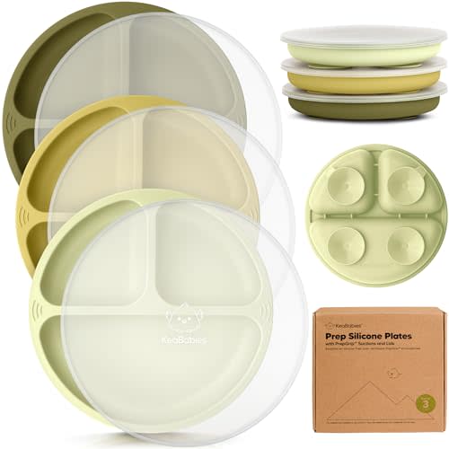 KeaBabies Suction Plates with Lids for Baby - 3-Pack 100% Silicone Toddler Plates with Suction, Divided, BPA-Free Baby Led Weaning Essentials for Kids, Dishwasher, Microwave Safe, Durable (Olives)