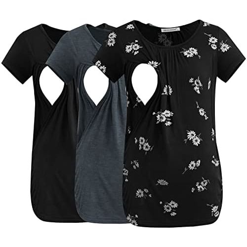 Smallshow Women's Nursing Tops Ruched Short Sleeve Breastfeeding Shirts 3-Pack