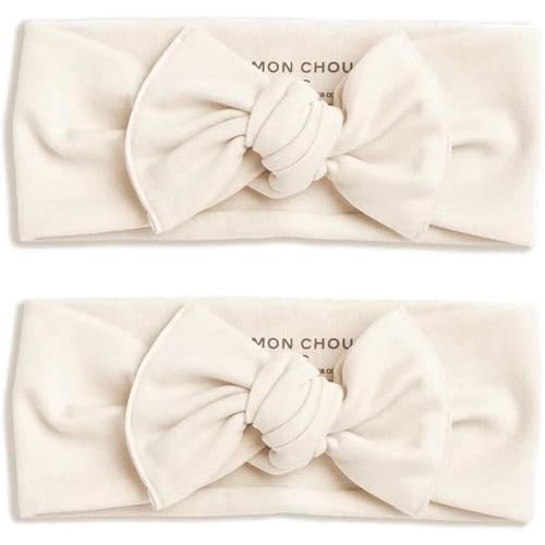 MON CHOU Adjustable Baby Headbands - Set of 2 Organic Cotton Headbands for Baby Girls - Ultra Soft, 100% Pima Cotton Infant Hair Bows (Ivory)