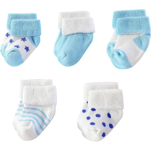 Unisex Baby Terry Socks 5-Pack for Baby boy and girl 0-12 Months Warm Cotton Socks - 0-6 Months - Blue