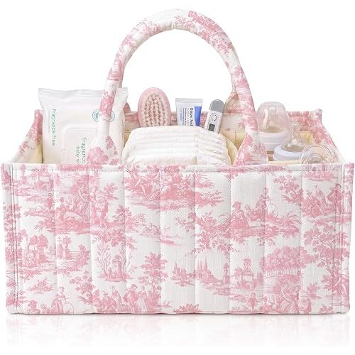 Shinylin Diaper Caddy Organizer with Pink Toile De Jouy Portable Nursery Storage Basket with Handle and Removable Dividers Vintage French Storage Bin for Diaper Caddy Wipes Organizer Baby Shower Favor