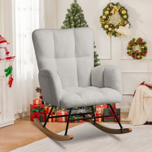 Comhoma Modern Nursery Rocking Chair, Teddy Upholstered Glider Accent Chair With Side Pockets, High Backrest, Gray