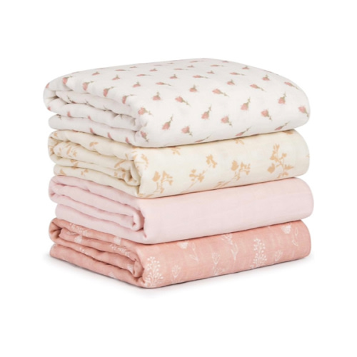 Muslin Swaddle Blankets for Newborn, 4 Pack Cotton Baby Blankets for Girls, Large 31.5 x 43.3 Breathable Soft Receiving Blanket, Essentials Swaddle Wrap Burping Clothes, Flowers