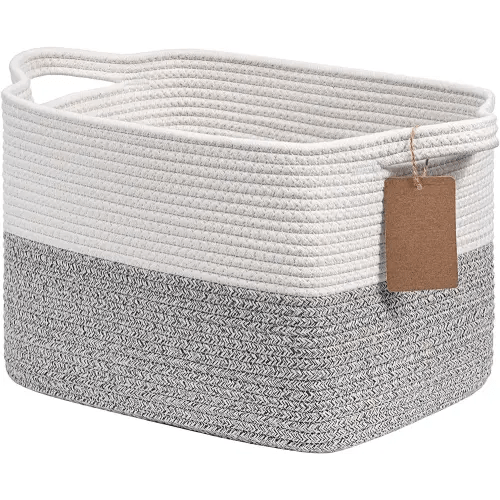 Goodpick Cotton Rope Basket Cloth Basket for Organizing and Storage, Small Laundry Basket for Cloth Towel Shoe, Empty Gift Basket with Handles, Grey and White Square Basket, 13.5 x 11 x 9.5 Inches