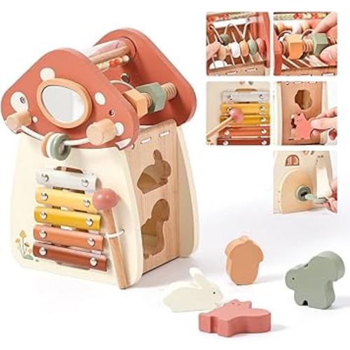 Youuys Wooden Activity Cube - 11-in-1 Montessori Toys for 1+ Year Old Boys & Girls, Multipurpose Educational Sensory Toys for Toddler, First Birthday Gift, Busy Board Toys for 18 Months (Mushroom)