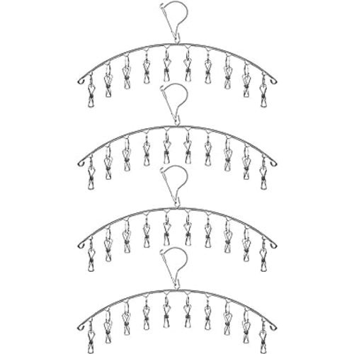 Toplife Clothes Hanger with 10 Clips, Stainless Steel, Windproof, for Drying Socks, Bras, Underwears, Baby Clothes, Hats, Scarfs, Towels, Pants, and Gloves, Set of 4