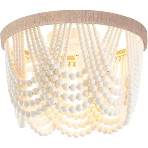 Boho Wood Beaded Chandelier, Flush Mount Ceiling Light,Farmhouse Rustic Jute Wooden Bead Chandeliers Fixture for Drawing Room，Bedroom,Hallway, Entryway,Dining Room(3-Light)