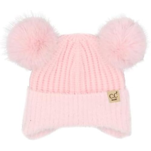 C.C Baby Double Fur Pom Pom Beanie with Ear Flap for Boys Girls - Comfortable Soft Warm Infant Toddler Baby Knit Skully Hat