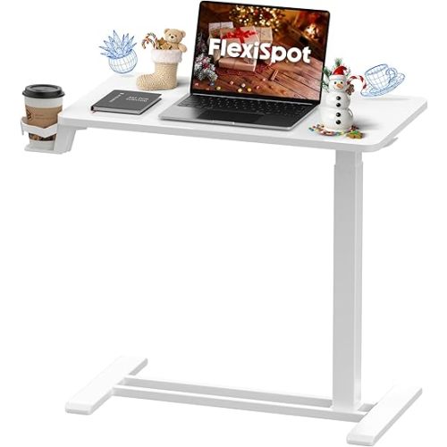 FLEXISPOT H7 Adjustable Overbed Bedside Table with Wheels Pneumatic Mobile Standing Desk Laptop Desk Rolling Computer Cart Movable Overbed Table Hospital Home Use(27.6" W x 15.7" D, White)