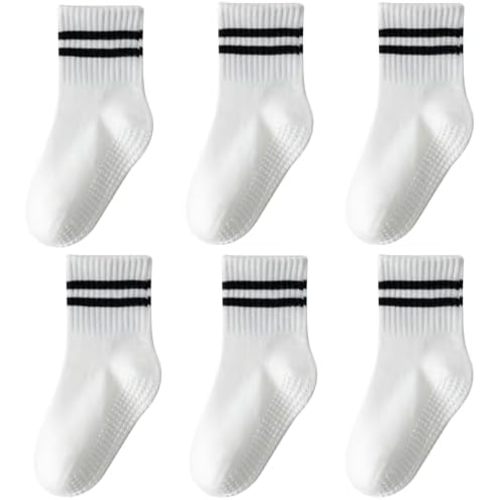 Toddler Grip Socks with Non-Slip, Unisex Baby Retro Stripe Seamless Crew Ankle Cotton Socks for Girls Boys 6 Pairs