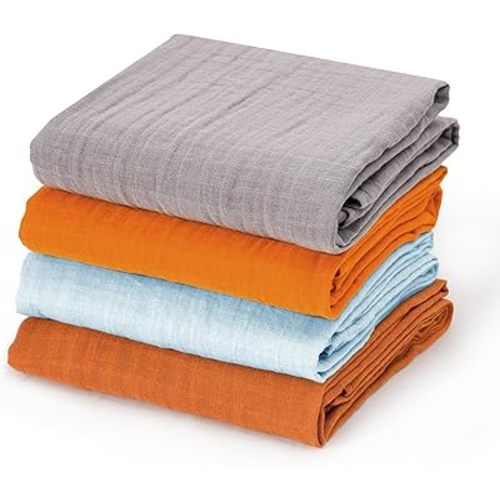 david's kids 4 Pack Baby Muslin Swaddle Blankets 47" x 47", 100% Cotton Swaddling Blankets Wrap for Boys Girls, Ultra Soft Breathable Receiving Blanket, New Born Essentials, Grey&Brown&Ginger&Blue