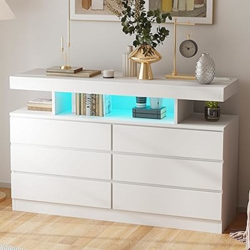 BEWISHOME White Dresser for Bedroom with Charging Station and LED Lights, 6 Drawer Dresser Chests of Drawers, Wood Dresser for Closet, Modern Wide Dresser with Open Space, TV Stand, White KCG02W