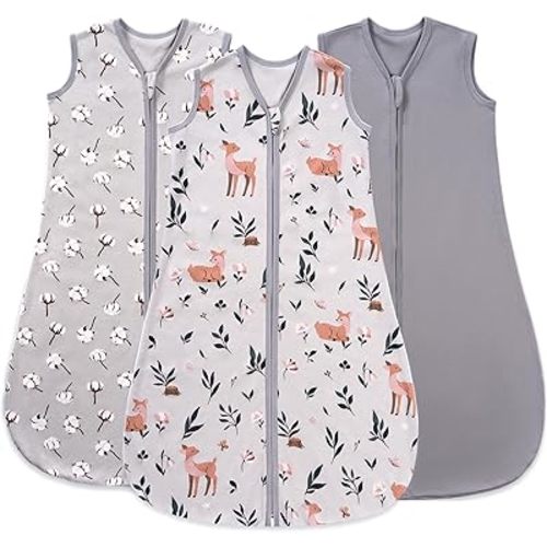 Baby Sleep Sack 0-6 Months, 100% Organic Cotton Wearable Blanket for Babies, 2-Way Zipper TOG 0.5 Lightweight Breathable Baby Sleeping Bag, 4 Sizes-S Cotton&Fawn&Grey