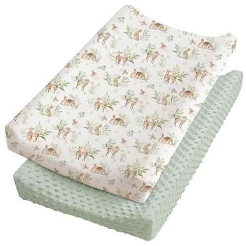 Konssy 2 Pack Minky Changing Pad Cover，Soft Minky Dots Plush Diaper Changing Table Cover Set, Breathable Changing Pad Sheets for Baby Girls Boys (Woodland,Sage)