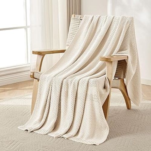 Joydeco Chunky Cable Knit Throw Blanket, Lightweight 100% Cotton Soft Cozy Throw Twin Blanket for Couch Bed and Sofa, Rustic Breathable Farmhouse Blanket Gift for Women Men(Cream White, 51"x63")