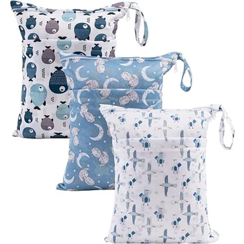babygoal Wet Dry Bags for Baby Cloth Diapers, Washable Travel Bags, Beach, Pool, Gym Bag for Swimsuits & Wet Clothes with Two Zippered Pockets 3 Pack, 3LN28