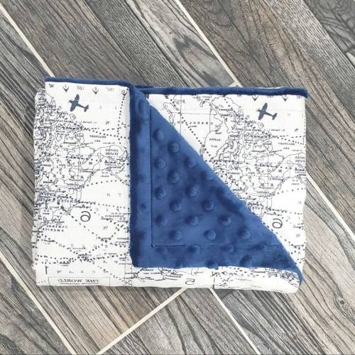 World map and airplane baby blanket, white and navy, Airplane Gift, Atlas, Aviation Nursery, Air Force, Travel, compass, globe, unique gift