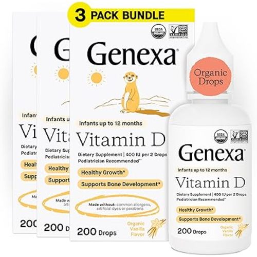 Genexa Infants Vitamin D Liquid Drops for Newborn, Baby & Toddler | Bone Development | Delicious Organic Vanilla Flavor | Certified Organic, Gluten Free, & Non-GMO | 270 Servings (3 Pack)